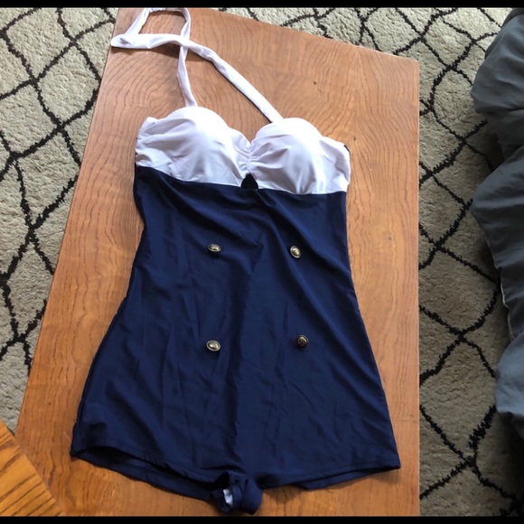 Swim Vintage Style Navy White Bathing Suit Poshmark